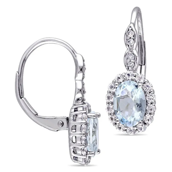 Earrings Goldia Oval Aquamarine White Topaz and Diamond Accent Frame Drop Earrings in 14K White Gold Earrings Goldia Oval Aquamarine White Topaz and Diamond Accent Frame Drop Earrings in 14K White Gold