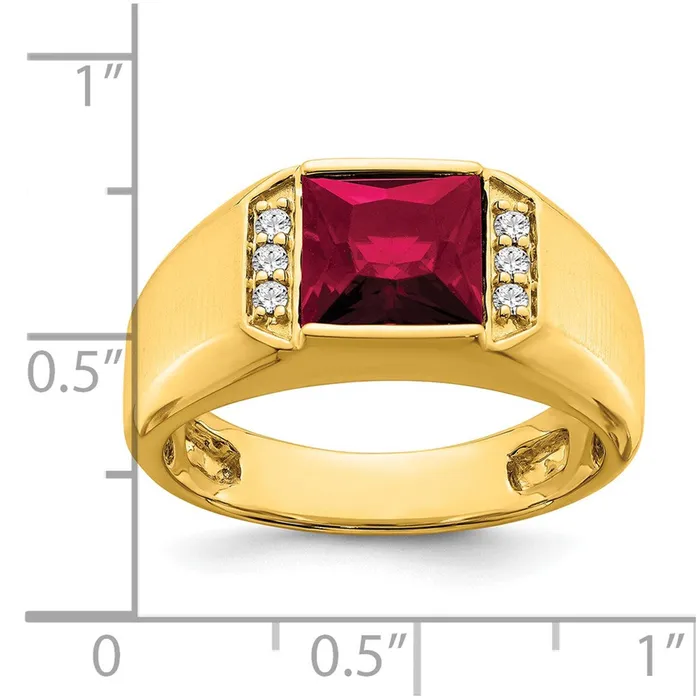 Goldia 14K Yellow Gold Square Created Ruby and Real Diamond Mens Ring Rings