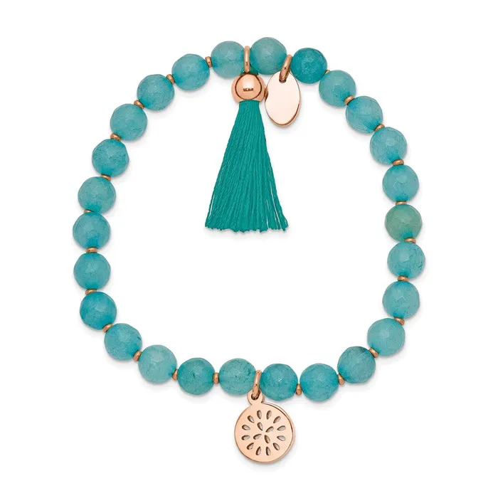 Chisel Stainless Steel Polished Rose IPplated 6mm Mint Jade Beaded with Tassel Stretch Bracelet TreasureFineJewelers Bracelets