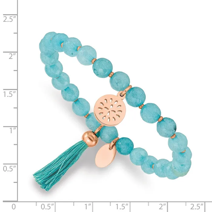 Chisel Stainless Steel Polished Rose IPplated 6mm Mint Jade Beaded with Tassel Stretch Bracelet TreasureFineJewelers Bracelets