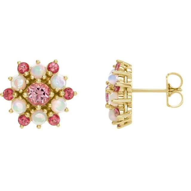 Earrings TreasureFineJewelers 14K Yellow Gold Natural Pink Tourmaline Natural Ethiopian Opal Cabochon Earrings Earrings TreasureFineJewelers 14K Yellow Gold Natural Pink Tourmaline Natural Ethiopian Opal Cabochon Earrings