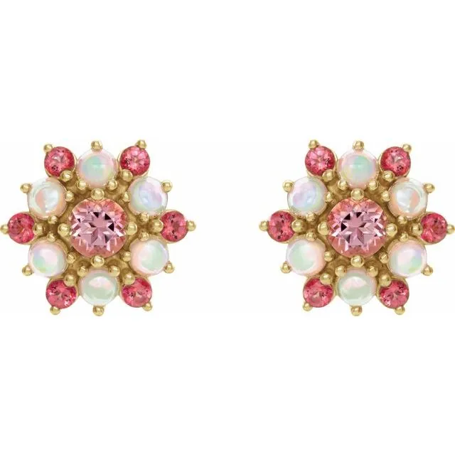 Earrings TreasureFineJewelers 14K Yellow Gold Natural Pink Tourmaline Natural Ethiopian Opal Cabochon Earrings