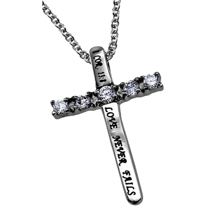 Necklaces LOVE NEVER FAILS Cross Necklace with Bible Verse Steel CZ Stones North Arrow Shop Necklaces LOVE NEVER FAILS Cross Necklace with Bible Verse Steel CZ Stones North Arrow Shop