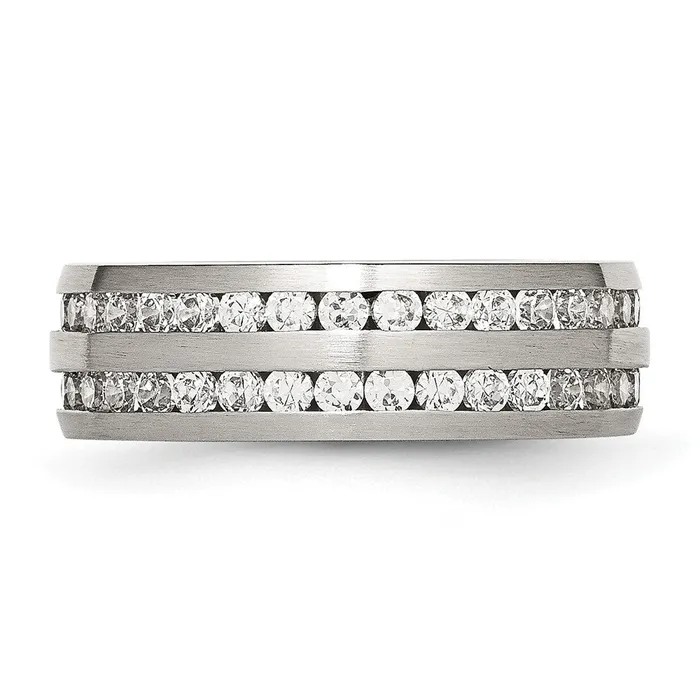 TreasureFineJewelers Rings Stainless Steel Brushed wDouble Row CZ 7mm Band