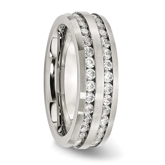 TreasureFineJewelers Rings Stainless Steel Brushed wDouble Row CZ 7mm Band