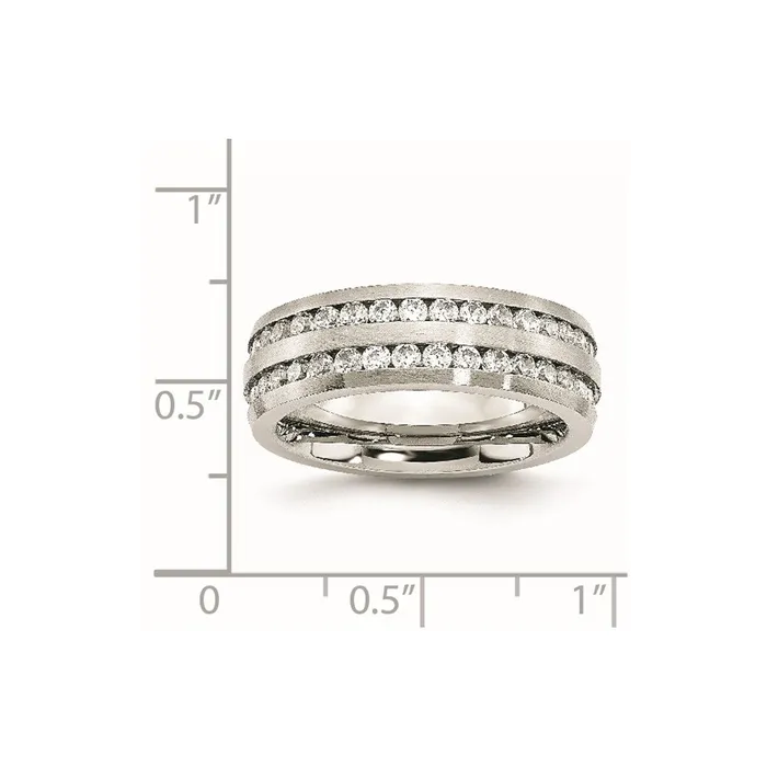 TreasureFineJewelers Rings Stainless Steel Brushed wDouble Row CZ 7mm Band
