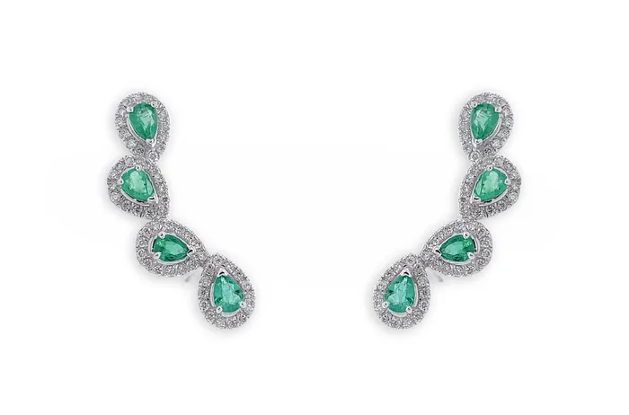 Albert Hern Earrings 18kt Gold Climbers Pear Emeralds with Diamonds Halo Earrings