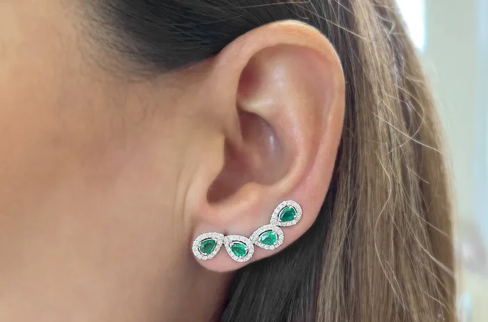 Albert Hern Earrings 18kt Gold Climbers Pear Emeralds with Diamonds Halo Earrings Albert Hern Earrings 18kt Gold Climbers Pear Emeralds with Diamonds Halo Earrings