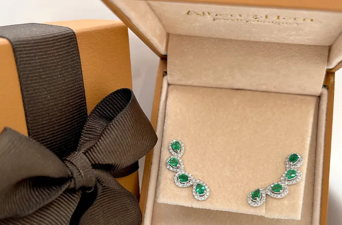 Albert Hern Earrings 18kt Gold Climbers Pear Emeralds with Diamonds Halo Earrings Albert Hern Earrings 18kt Gold Climbers Pear Emeralds with Diamonds Halo Earrings