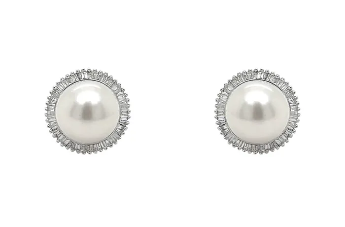Earrings 18kt Gold Pearls Baguette Diamonds Halo Studs Albert Hern Earrings