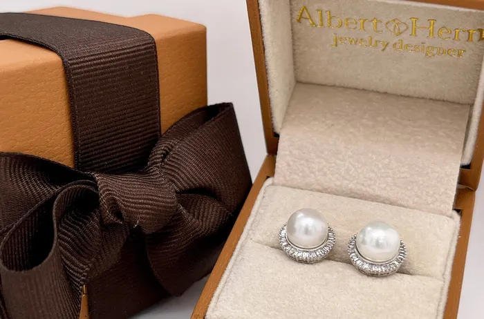 Earrings 18kt Gold Pearls Baguette Diamonds Halo Studs Albert Hern Earrings Earrings 18kt Gold Pearls Baguette Diamonds Halo Studs Albert Hern Earrings