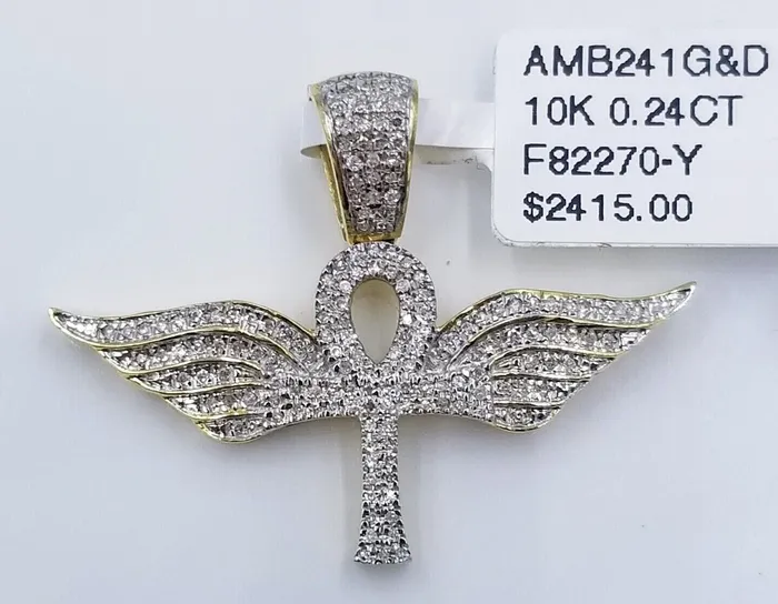 10K Yellow Gold Real Diamond Ankh Angel Wing Cross Pendent Globalwatches10 PreStyled Sets