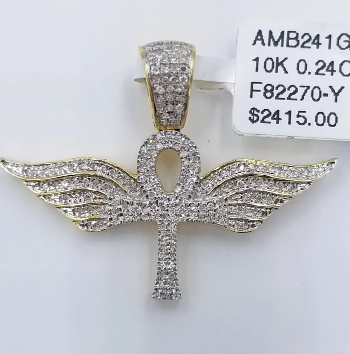 10K Yellow Gold Real Diamond Ankh Angel Wing Cross Pendent Globalwatches10 PreStyled Sets