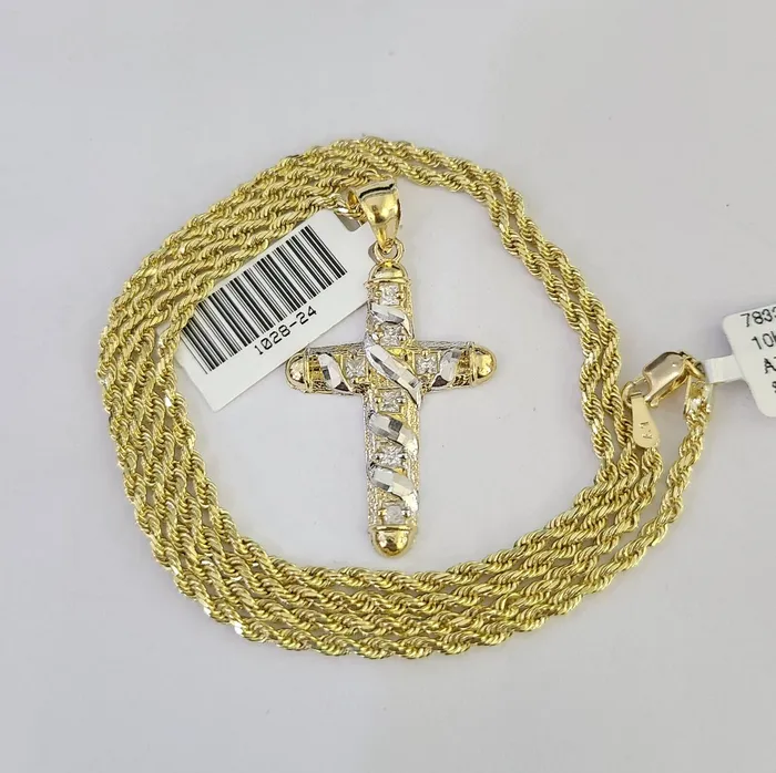 Necklaces Gold and Diamond 10k Solid Rope Chain 2mm Necklace Jesus Cross Pendant Charm SET 1824 in