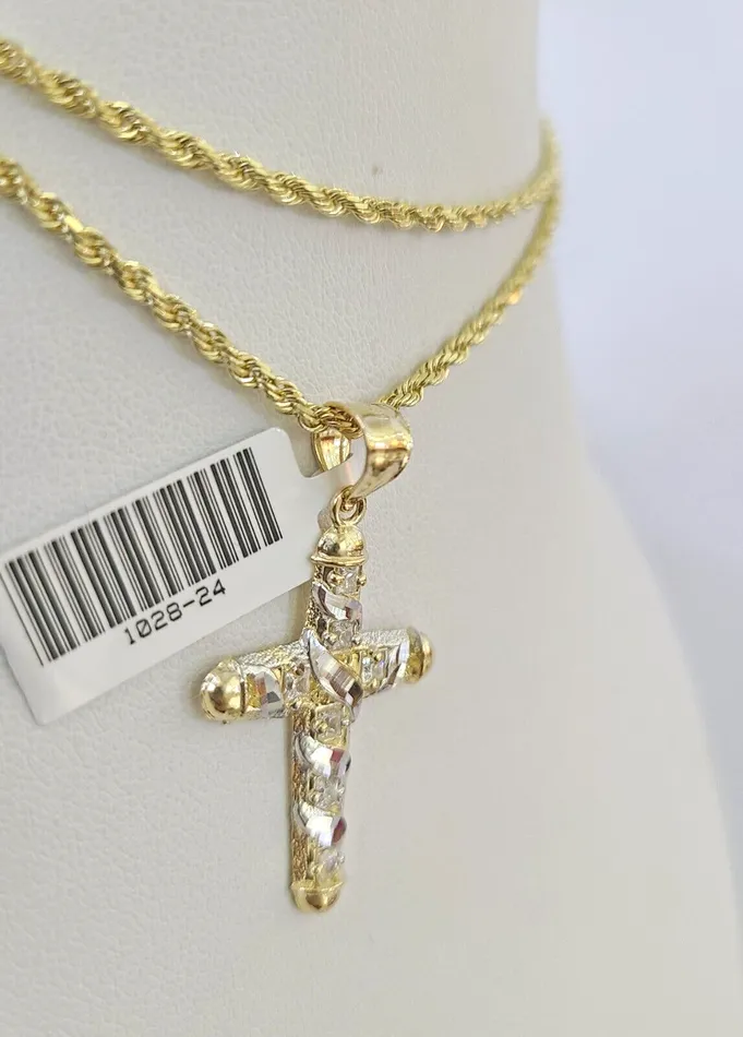 Necklaces Gold and Diamond 10k Solid Rope Chain 2mm Necklace Jesus Cross Pendant Charm SET 1824 in