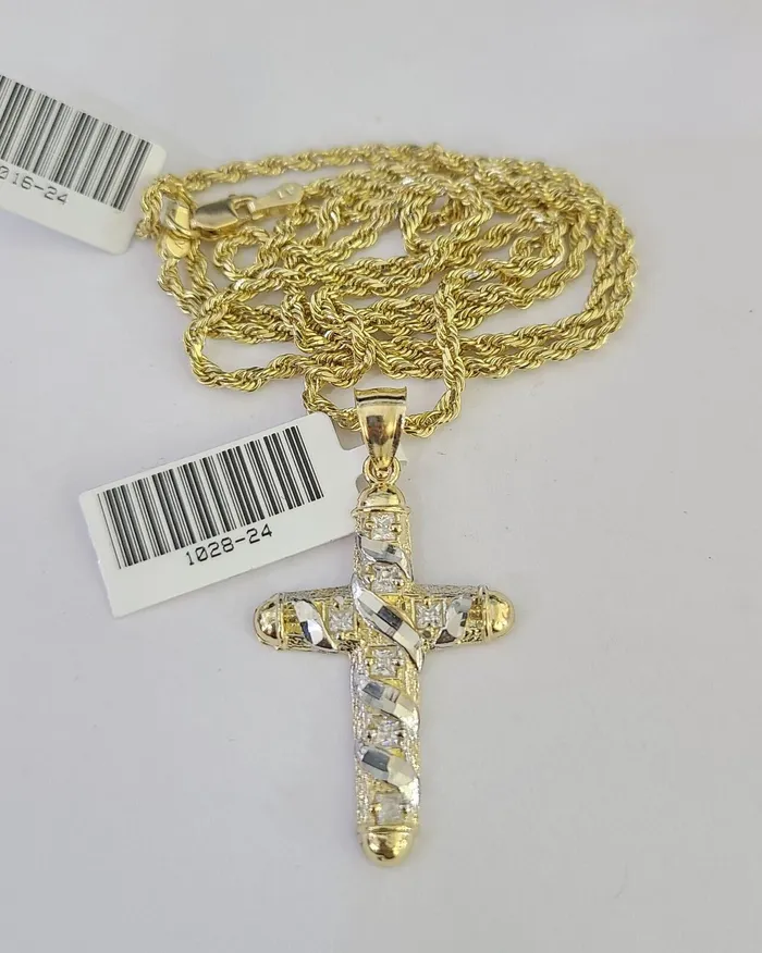 Necklaces Gold and Diamond 10k Solid Rope Chain 2mm Necklace Jesus Cross Pendant Charm SET 1824 in