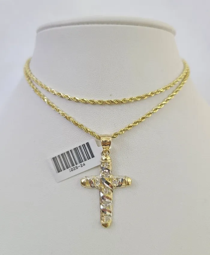 Necklaces Gold and Diamond 10k Solid Rope Chain 2mm Necklace Jesus Cross Pendant Charm SET 1824 in