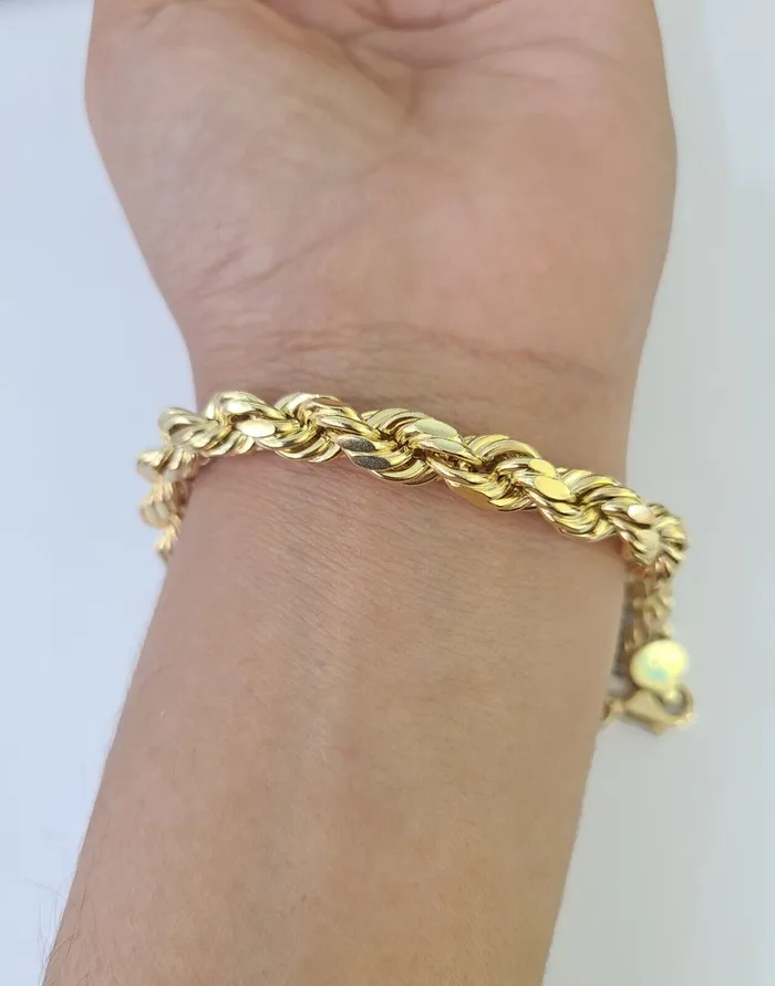 Real 10K Rope Bracelet Yellow Gold 8mm 9 Inch Lobster Lock Mens Gold and Diamond Bracelets