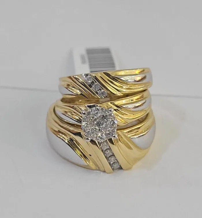 REAL 14k Diamond Ring Yellow Gold Ladies Men Trio SET Wedding Engagement Genuine Gold and Diamond Rings