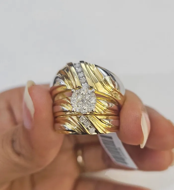 REAL 14k Diamond Ring Yellow Gold Ladies Men Trio SET Wedding Engagement Genuine Gold and Diamond Rings