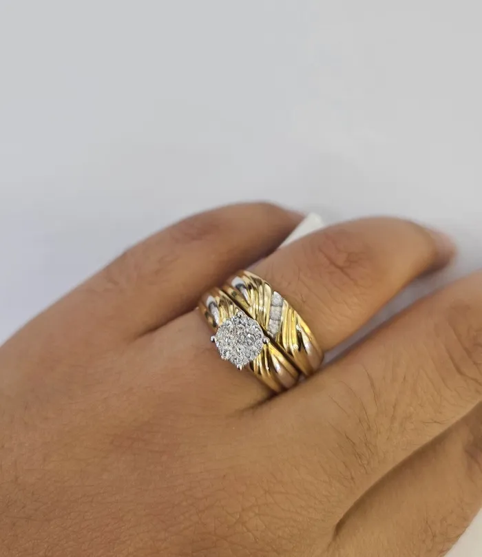 REAL 14k Diamond Ring Yellow Gold Ladies Men Trio SET Wedding Engagement Genuine Gold and Diamond Rings