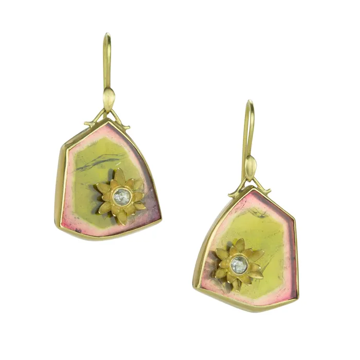 Watermelon Tourmaline Water Lily Earrings Annette Ferdinandsen Earrings
