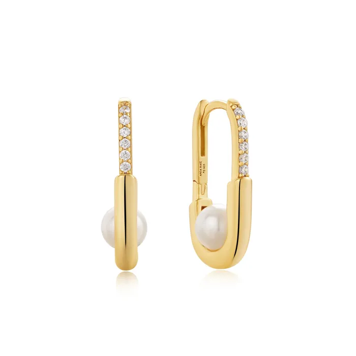 Earrings Ania Haie Modern Muse Gold Pearl Interlock Oval Hoop Earrings