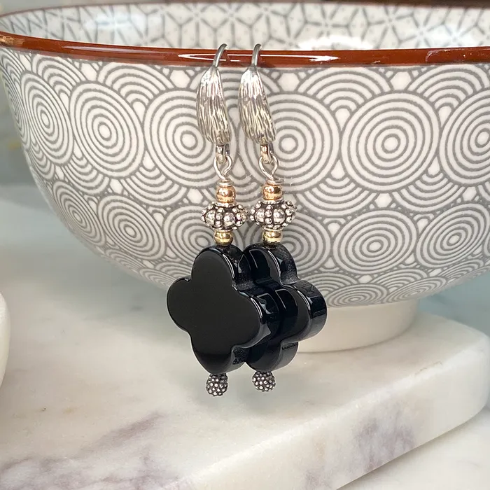 Elisa Ilana Earrings Onyx Quatrefoil on Textured SS Earrings