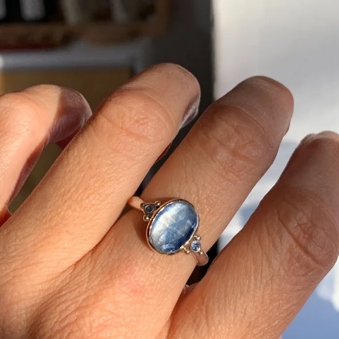 Emily Amey Jewelry Striped Blue Kyanite with Sapphires in 14k gold and sterling silver Rings