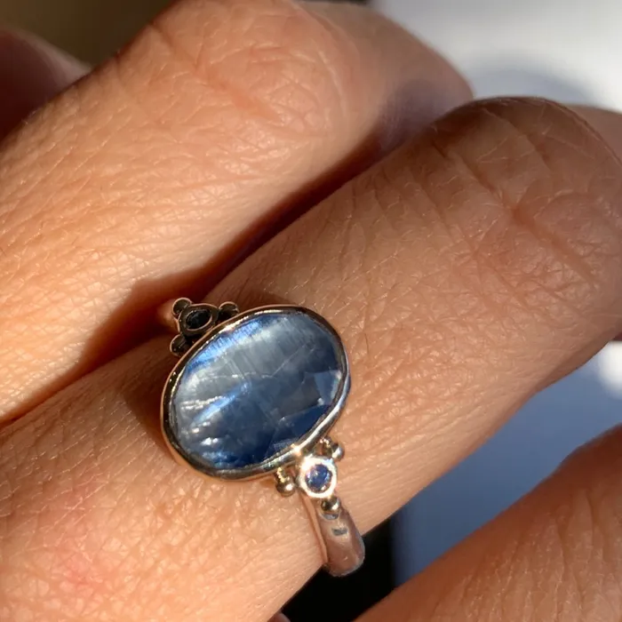 Emily Amey Jewelry Striped Blue Kyanite with Sapphires in 14k gold and sterling silver Rings