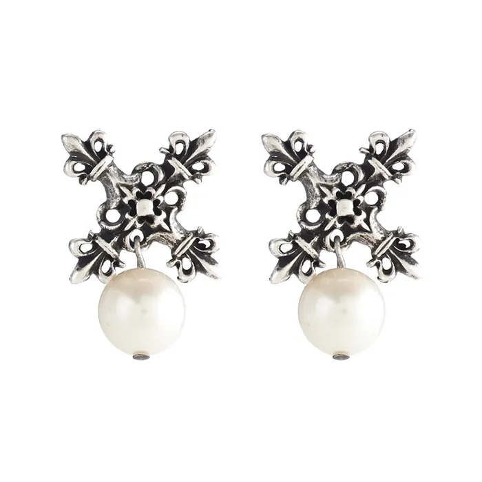 French Kande Earrings Silver X Earrings with Pearl Dangle