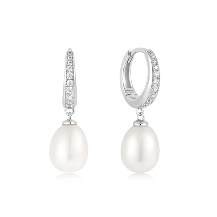 Silver Freshwater Pearl and White Cubic Zirconia Pave Drop Huggies Ania Haie Earrings Silver Freshwater Pearl and White Cubic Zirconia Pave Drop Huggies Ania Haie Earrings