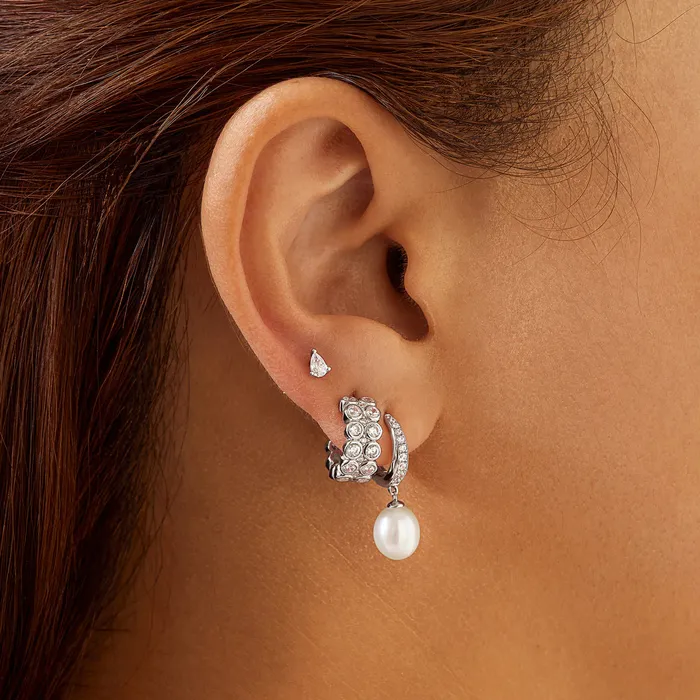 Silver Freshwater Pearl and White Cubic Zirconia Pave Drop Huggies Ania Haie Earrings